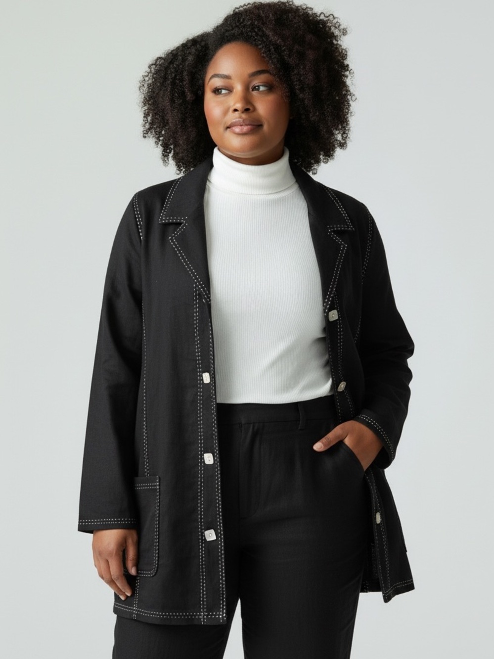 SUSAN GRAVER BLACK LINEN BLEND W WHITE STITCH DETAILS & BUTTON FRONT JACKET 3X